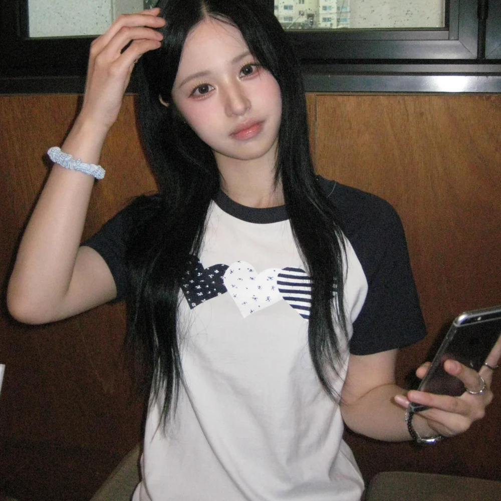 Heart Printed Cotton Ragian T-shirt White-Navy