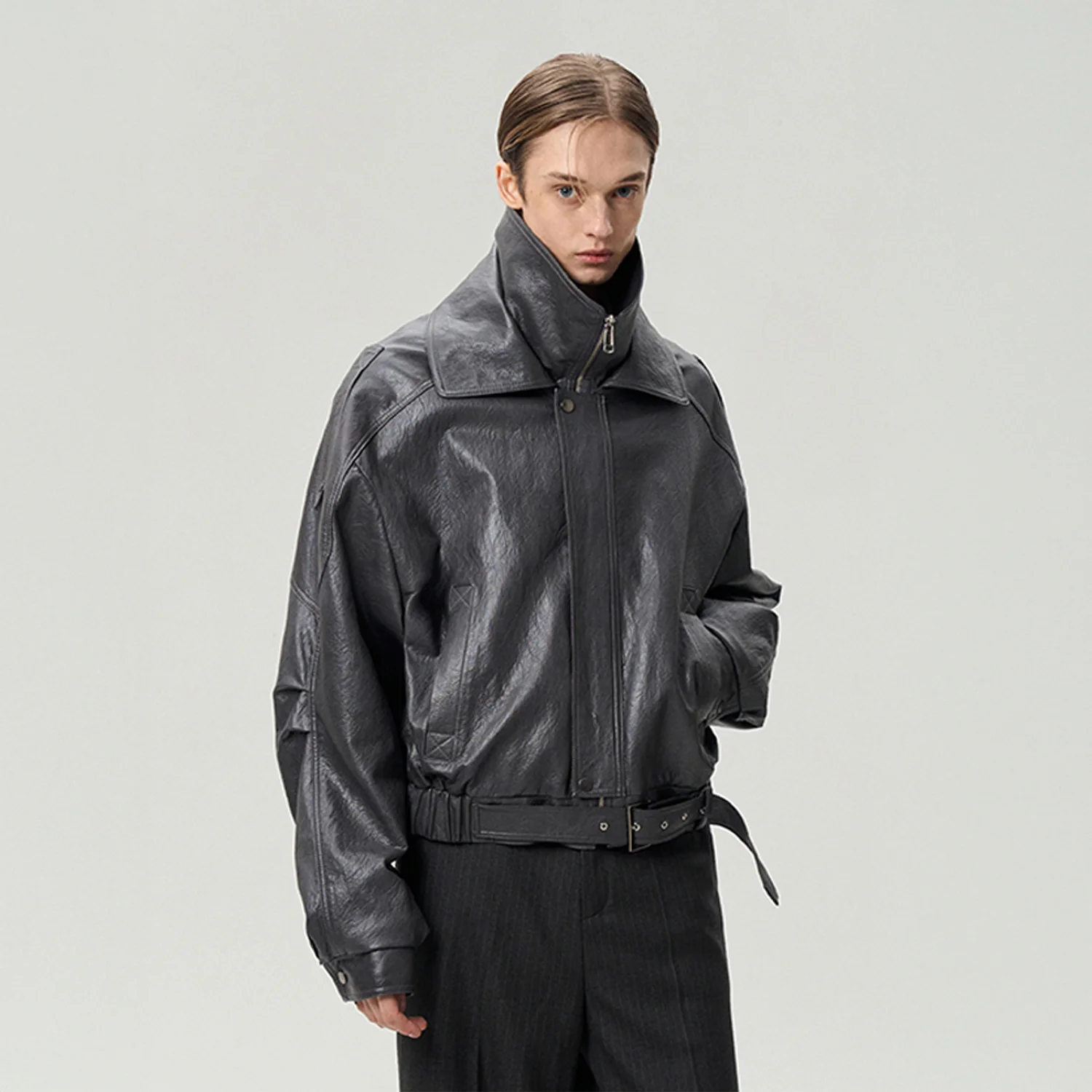 DOUBLE COLLAR BELTED HEM JACKET STONE