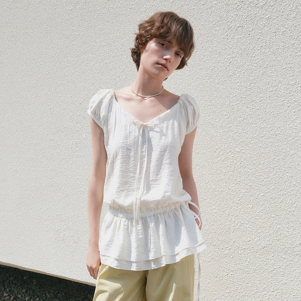 String puff frill blouse_Ivory