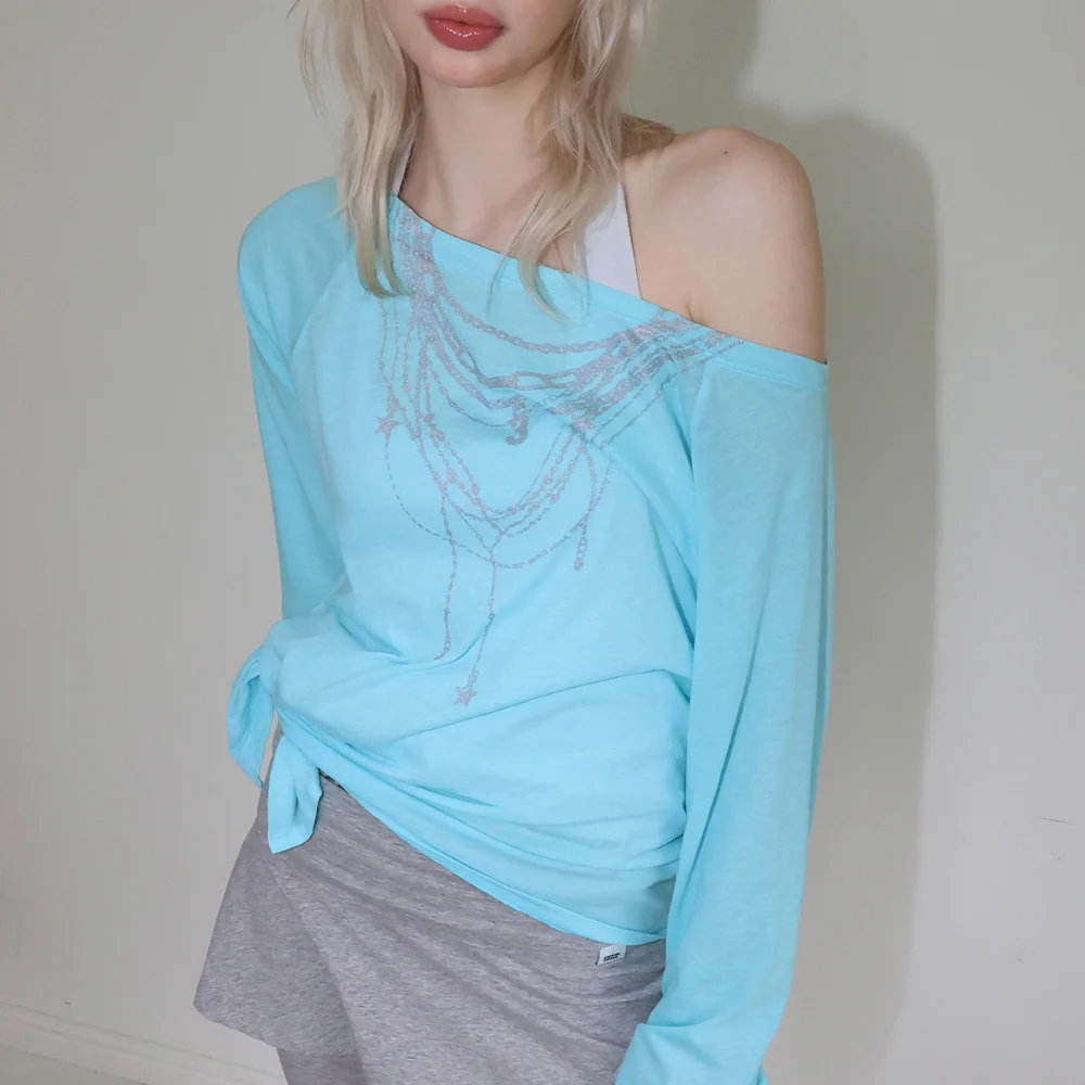 SHEER NECKLACE OFF-SHOULDER TOP_AQUA BLUE