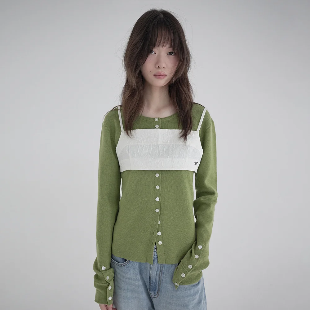 HEART BUTTON SLIM CARDIGAN (OLIVE)
