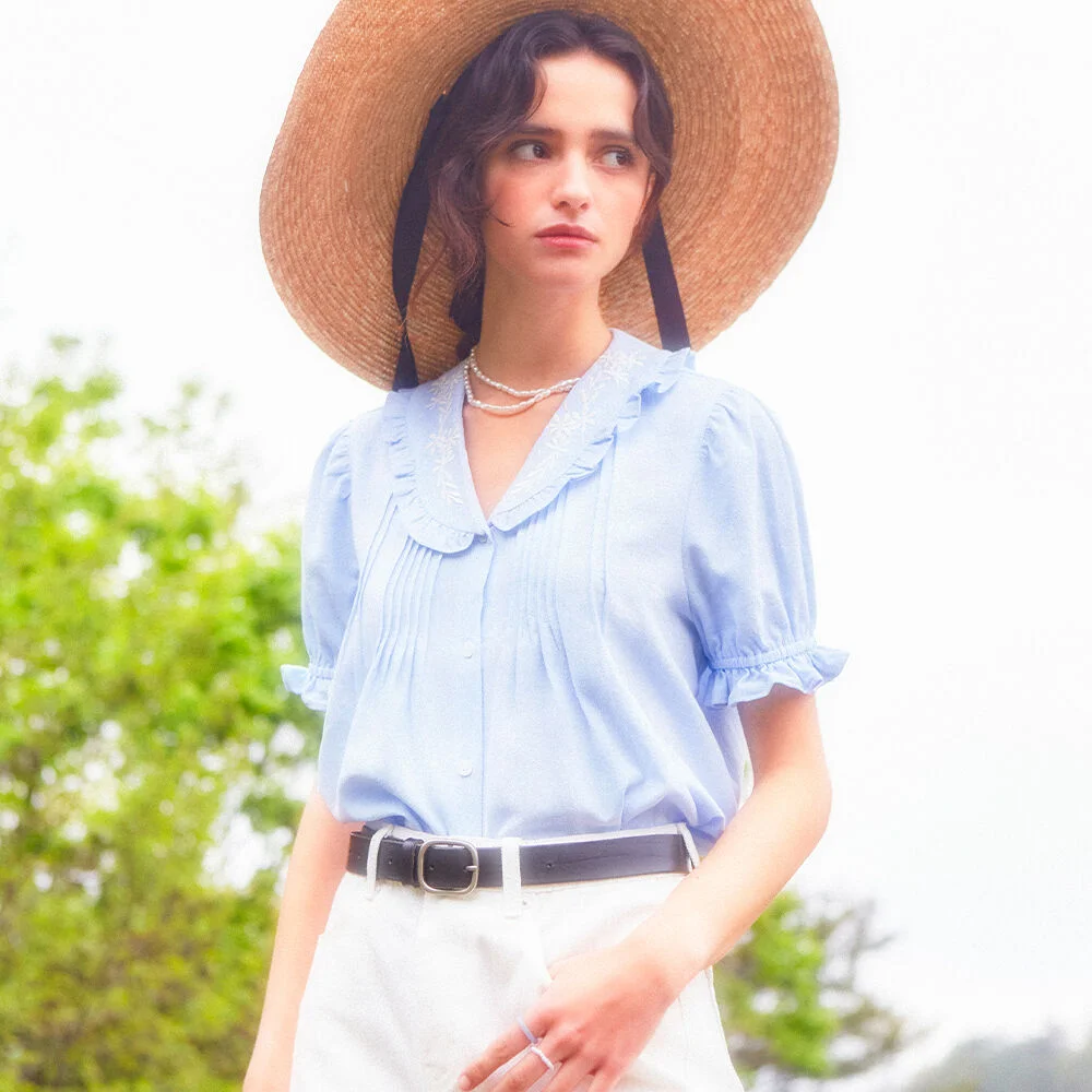 Embroidered Pintuck Puff Blouse (Lightblue)