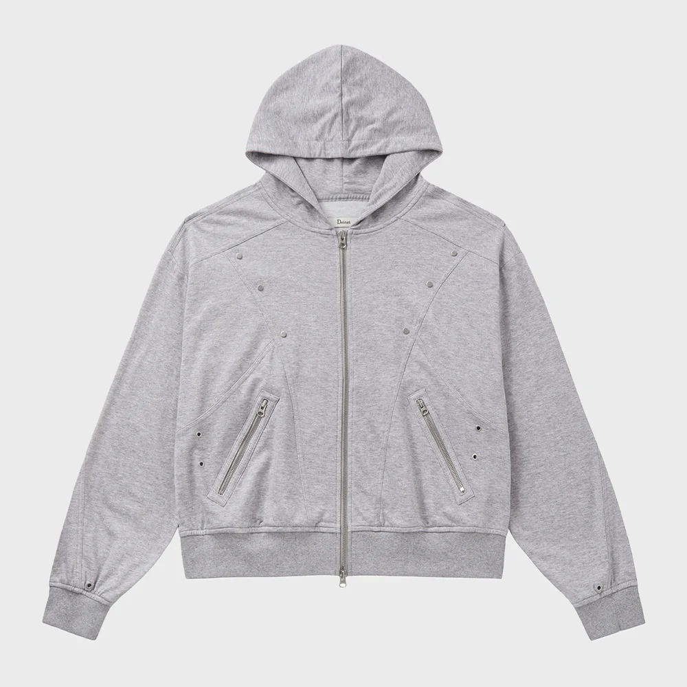 METAL DETAIL HOOD ZIP UP IN MELANGE GREY