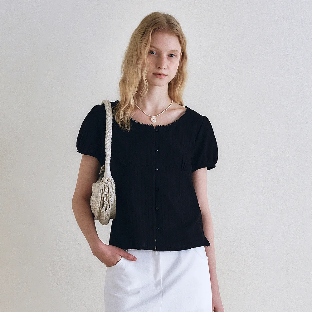 Lace puff sleeve tie-back blouse_Black