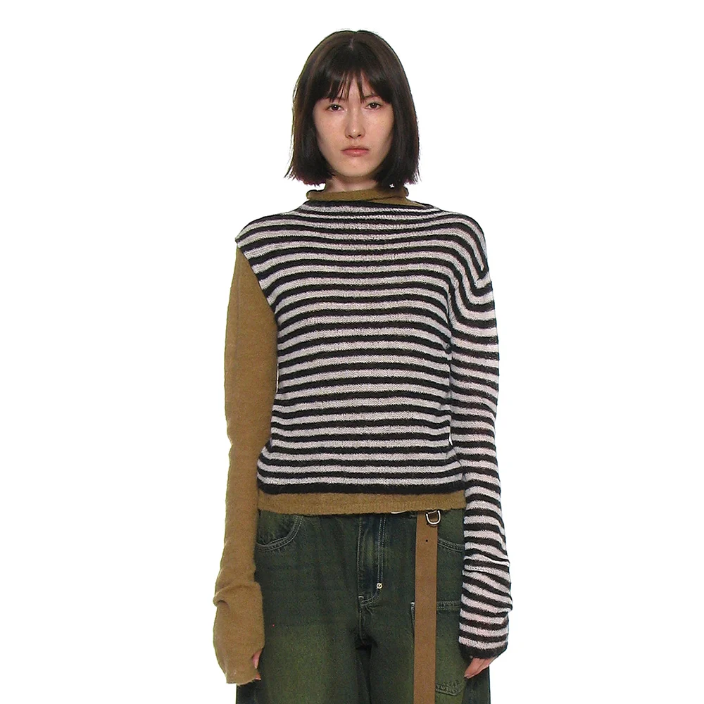 DOUBLE LAYERED MOCK NECK KNIT TOP_IVORY STRIPE