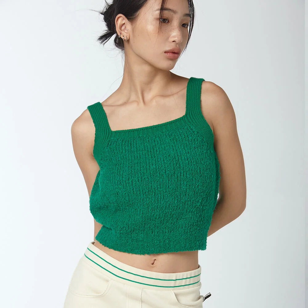羊毛 混紡 波克雷 無袖 針織上衣 - GREEN