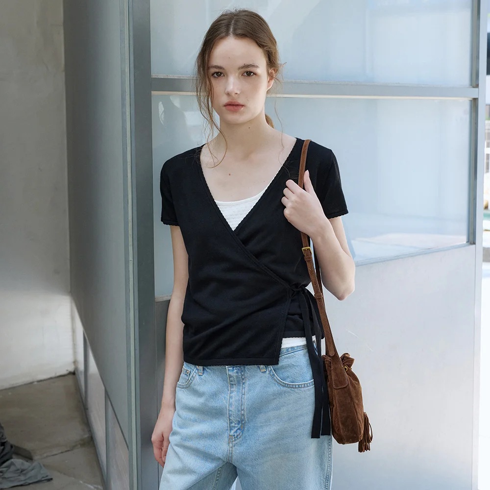 wrap knit top - black