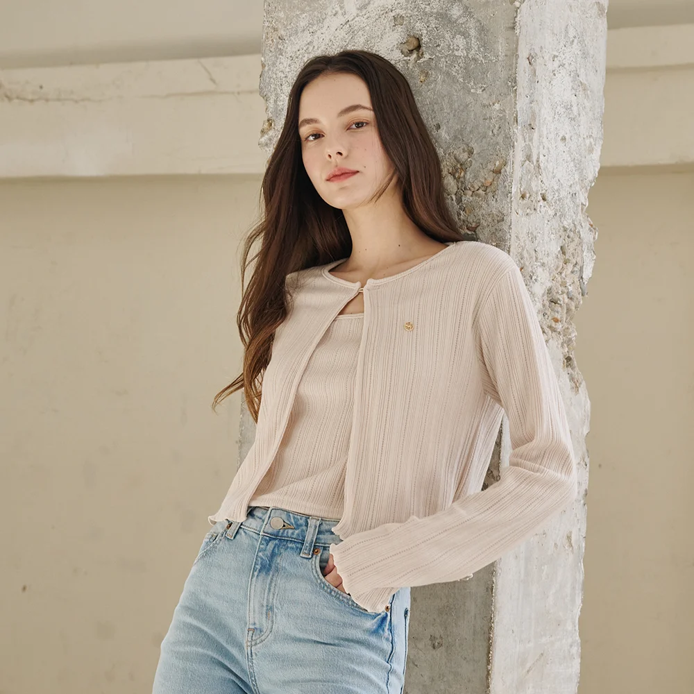 鈕扣 開襟外套 無袖 套裝 - 淺米色 / Button Cardigan Sleeveless Set - Light Beige