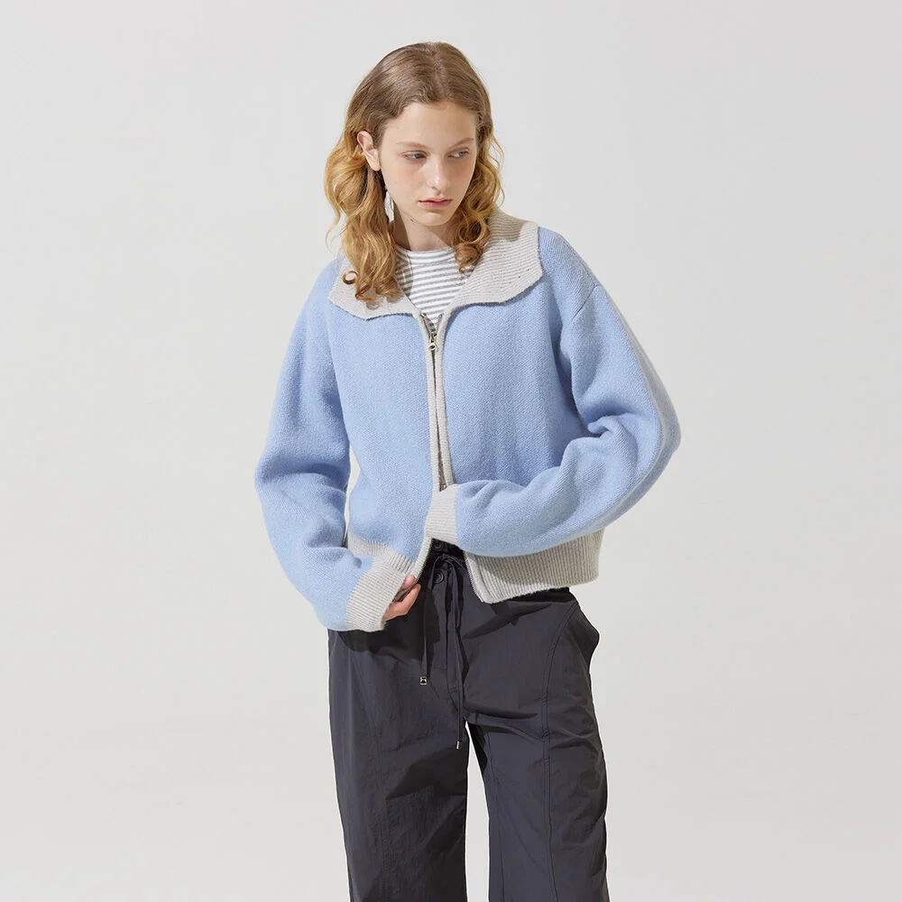 Oui coloring knit zip up cardigan - skyblue