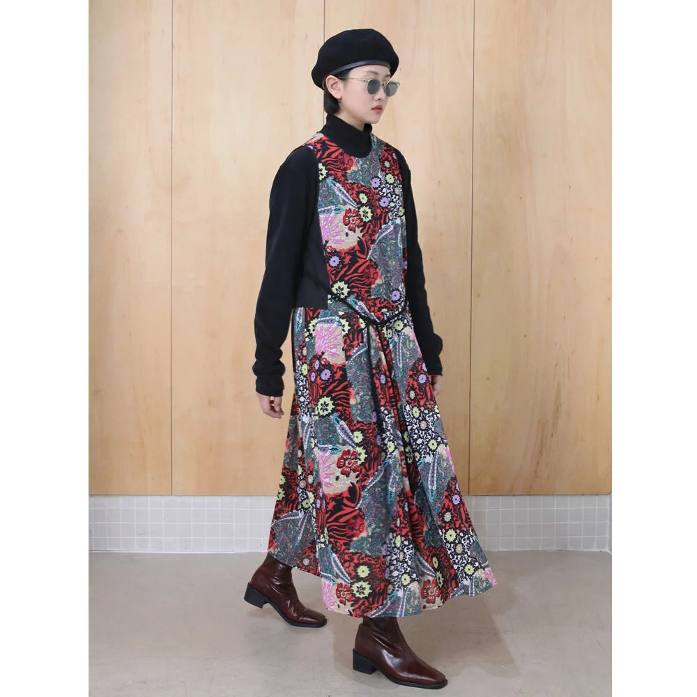 Low Gathers Long Dress / Mix Pattern