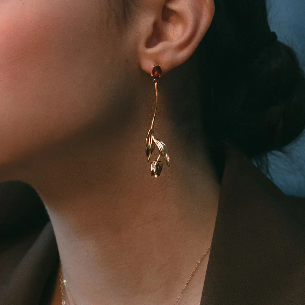 garnet tulip long drop earring