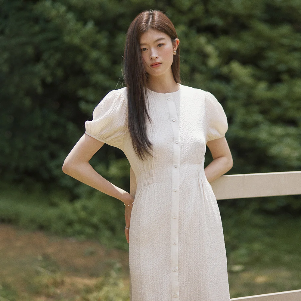 Seersucker half shirring long dress - ivory