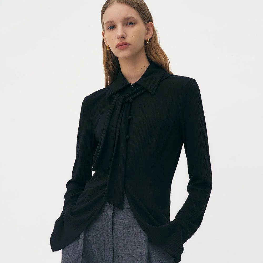 Scarf tie-neck jersey blouse top (Black)
