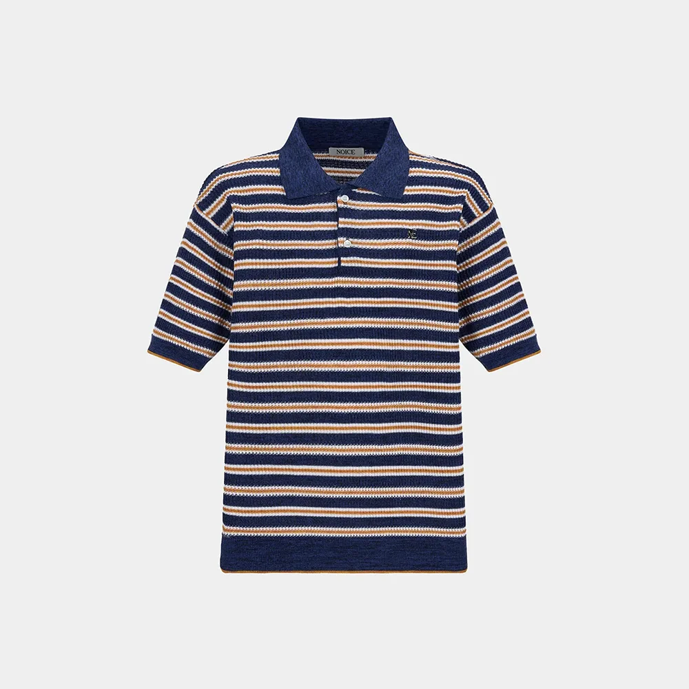 RIBBED STRIPED KNIT POLO SHIRT - NAVY
