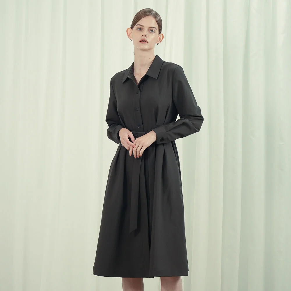 Pintuck Detail Belted Shirt Dress _Khaki