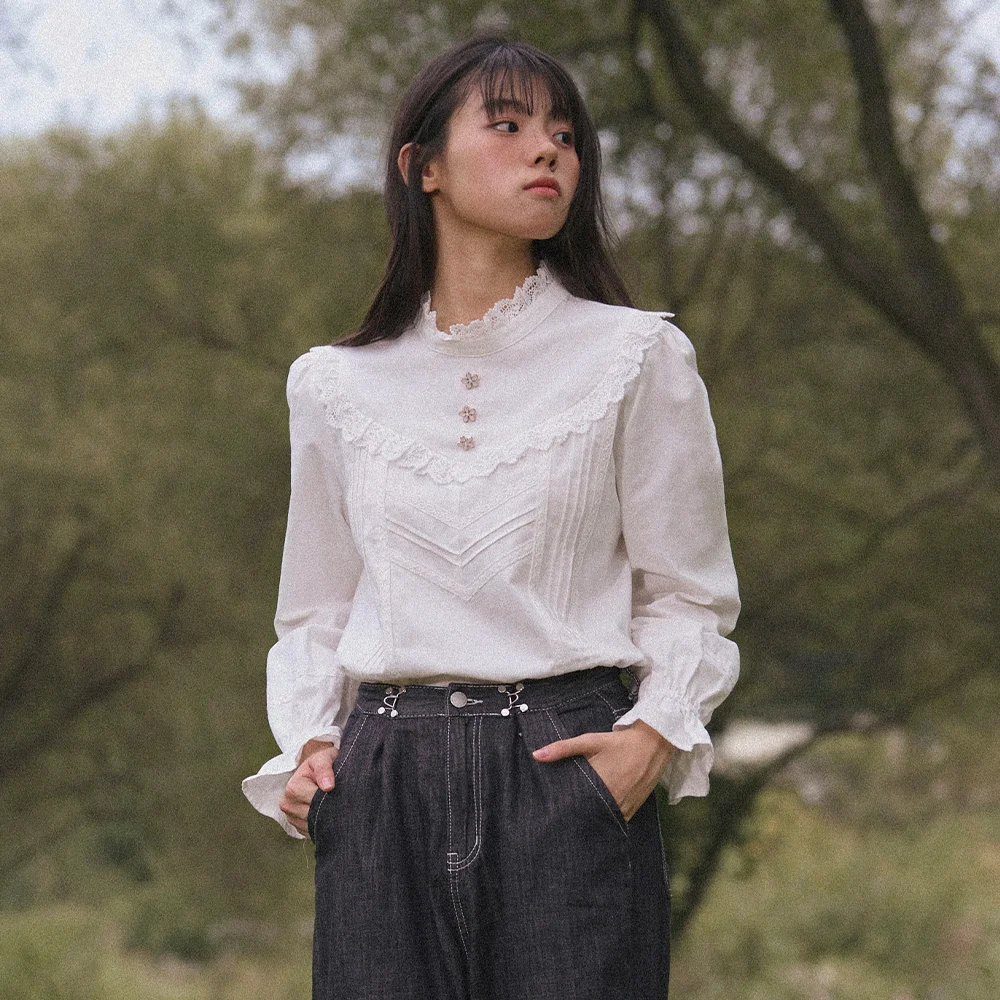 High-Neck Lace-Frill Blouse (Ivory)
