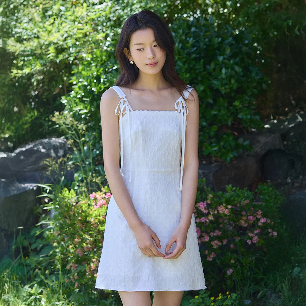 Dot jacquard ribbon mini dress - white
