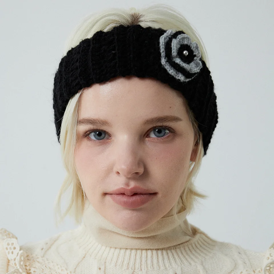 Wool hairy flower corsage hairband & earwarmer
