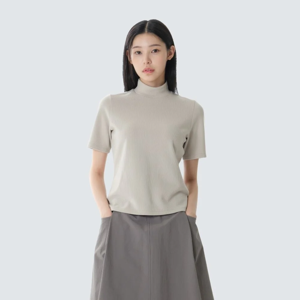 羅紋 女裝 半高領 短袖 T恤 Light Beige (S26FWFTS31)