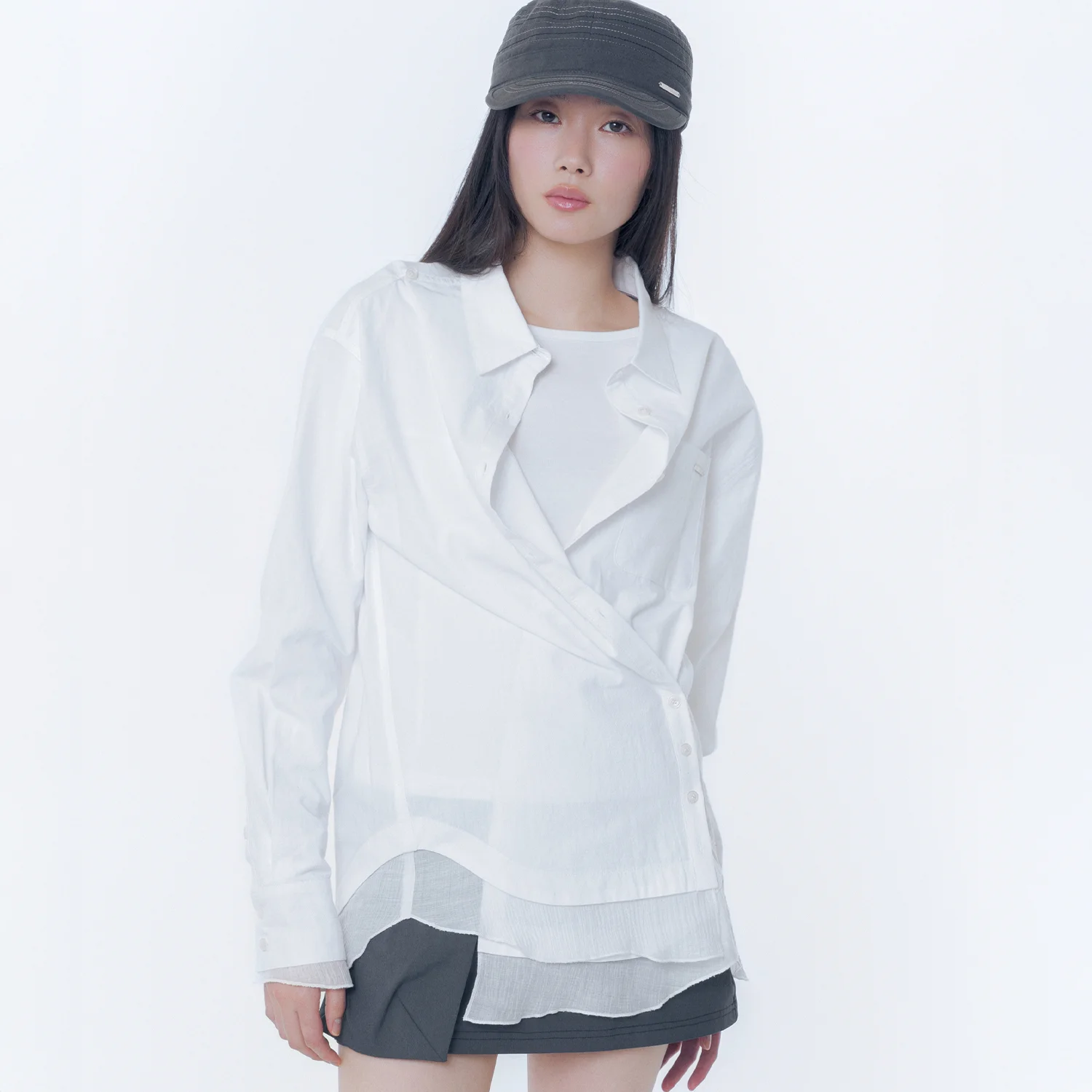 Oblique layered sheer shirts WHITE