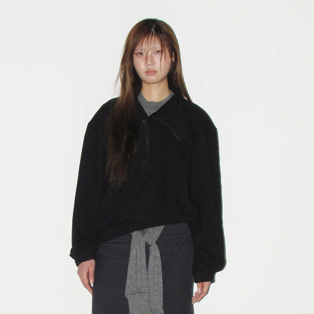 CURVED HALF WOOL ZIP-UP BLACK
