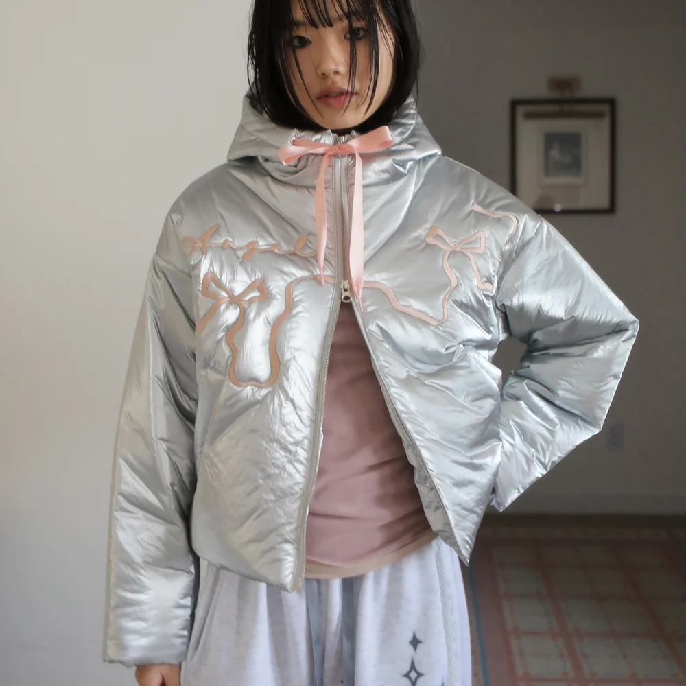 ANGEL RIBBON GLOSSY PADDING JUMPER SILVER