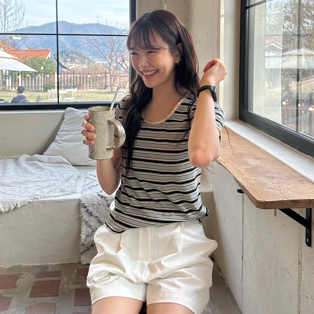 Lace stripe rib T-shirt _Ivory