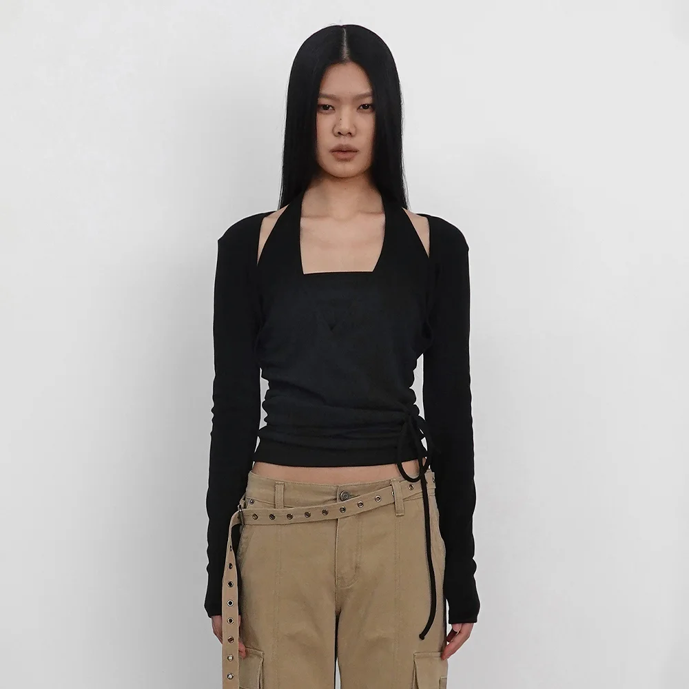 Layered Halter Wrap Long Sleeve_Black