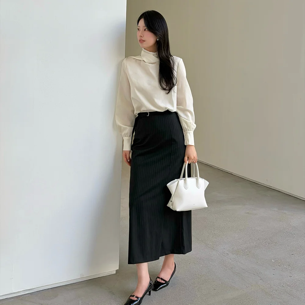 Stripe H-line maxi belted skirt _Black