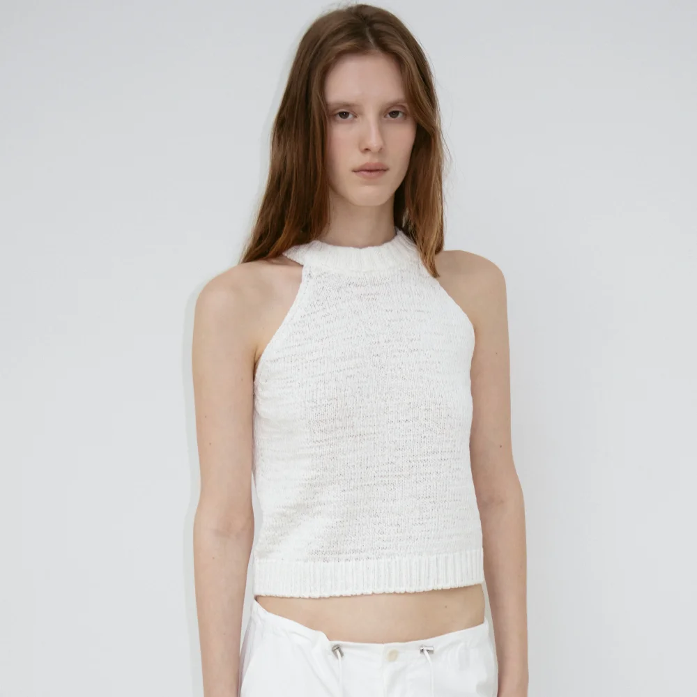 Cotton Halter Knit Top (Cream / Gray / Black)