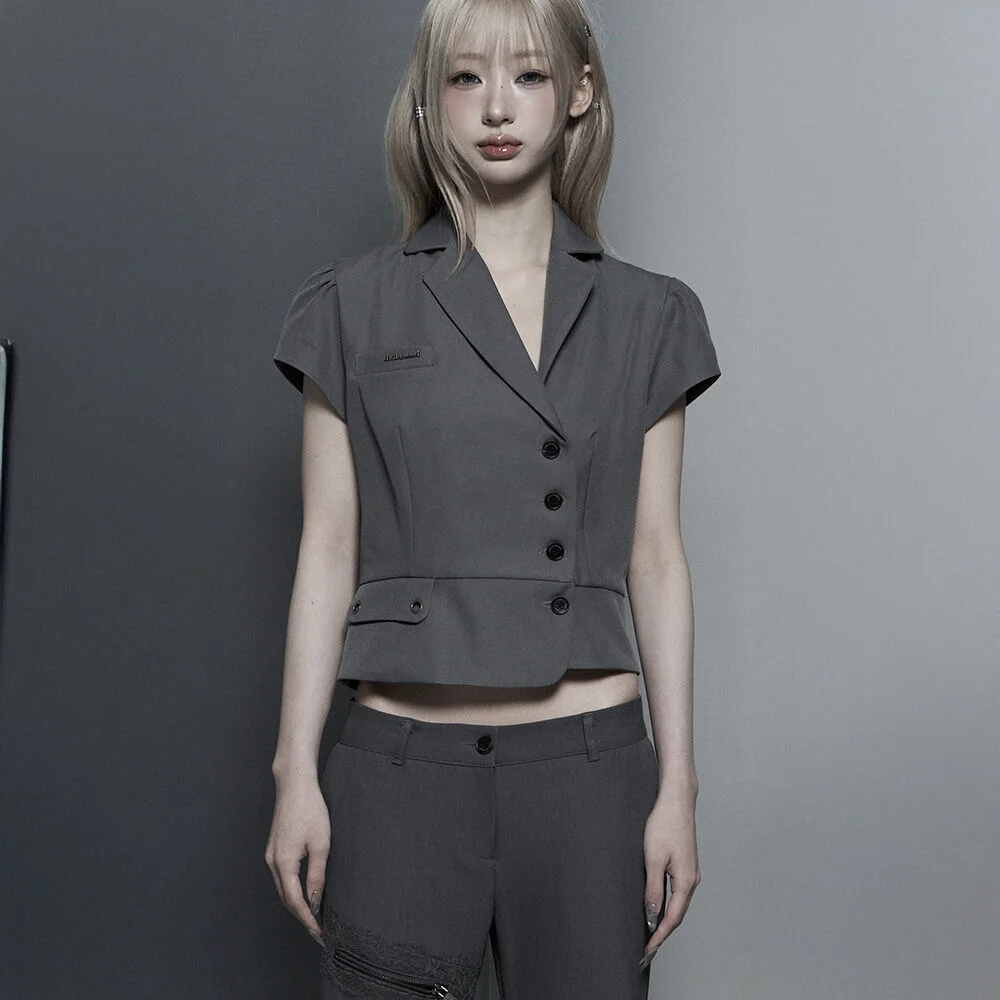 Cropped Short Sleeve Tailored Jacket (Dark Gray)