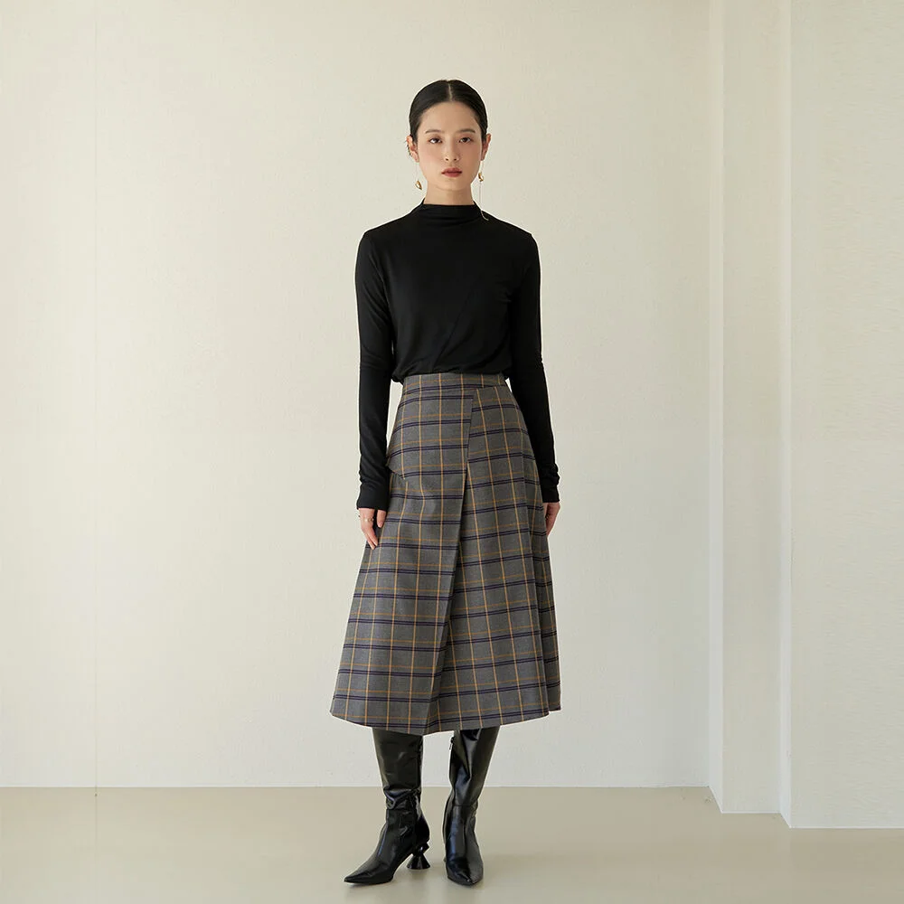 unbal shirring check midi skirt_Gray