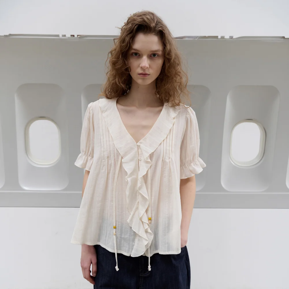 West Village Ruffle Pintuck Blouse (Cream)