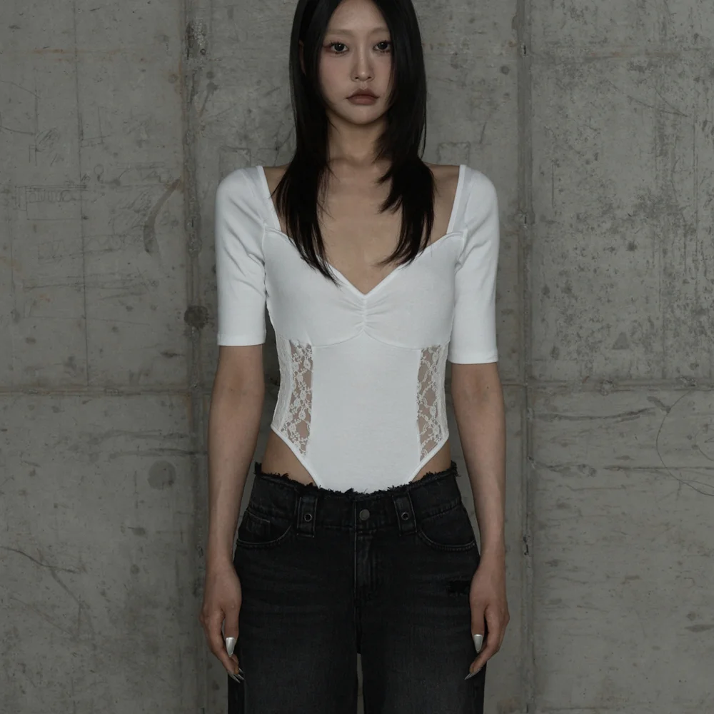 Bust Line Lace Bodysuit (White)