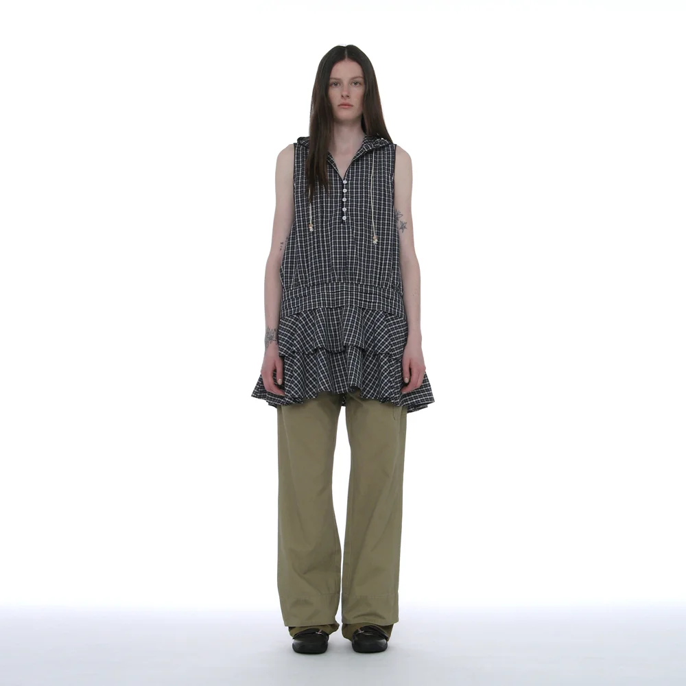 HOODED RUFFLE-HEM TUNIC DRESS_NAVY CHECK