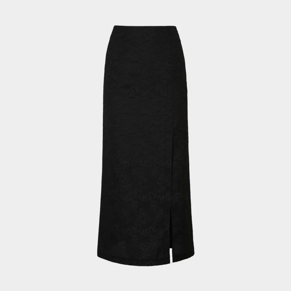 Rose Jacquard Slit Skirt (Black)