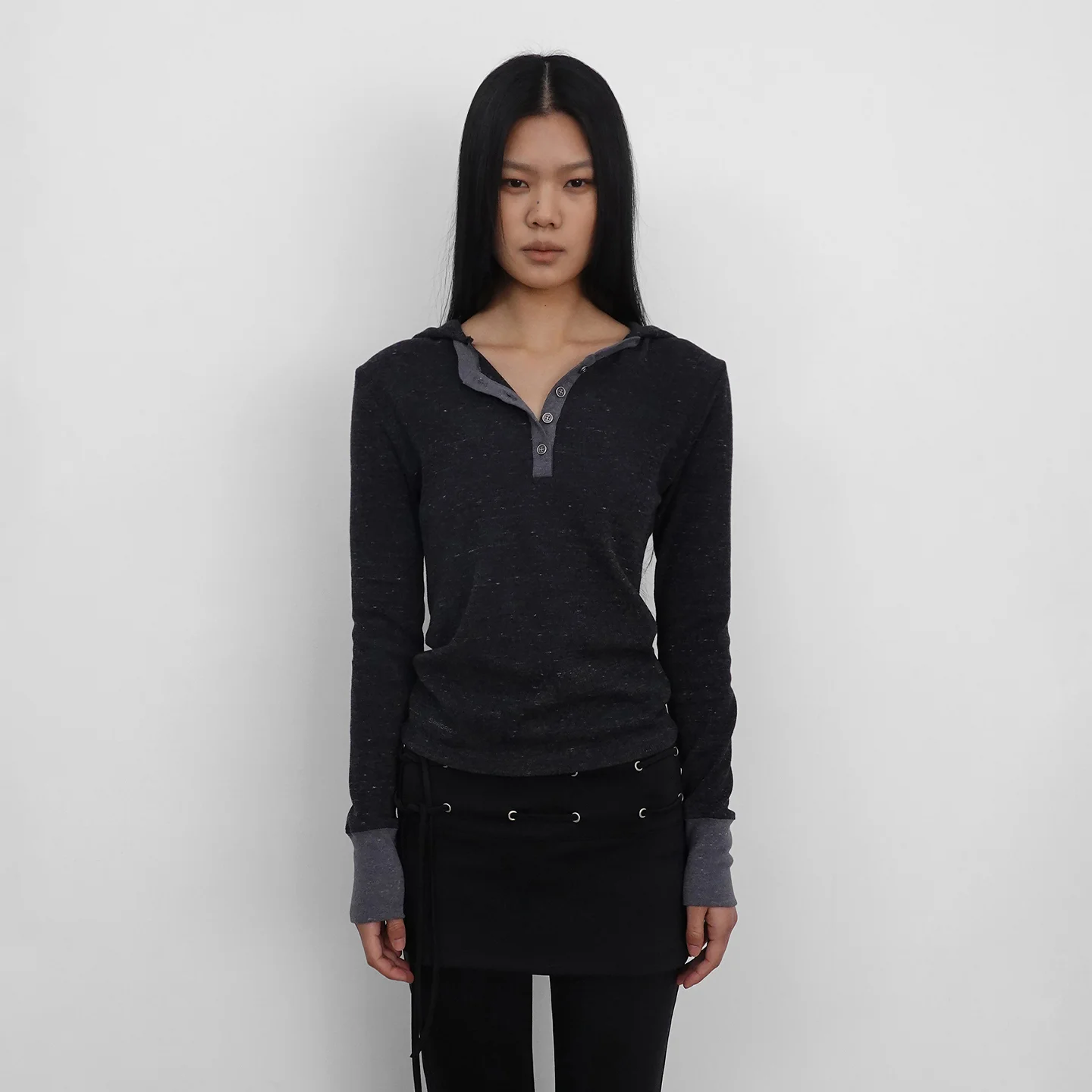 Henley Neck Waffle Hooded Long Sleeve_Charcoal
