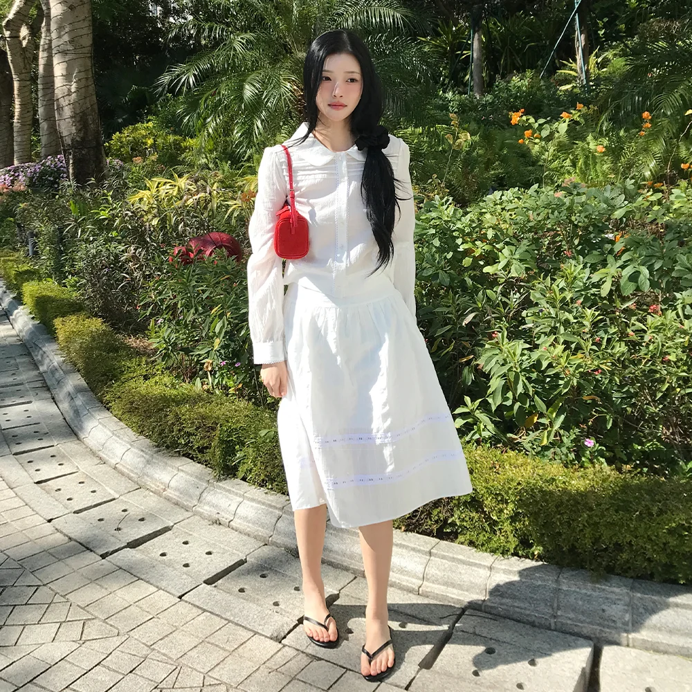 純棉 中長 腰帶 半身裙 ( 白色 )