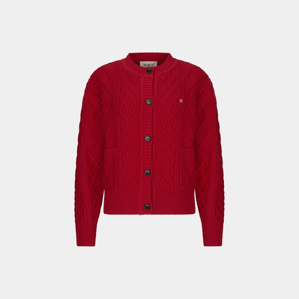 (W) CABLE WOOL-BLEND KNIT CARDIGAN - RED
