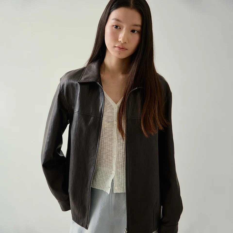 zip-up faux leather jacket (deep brown)