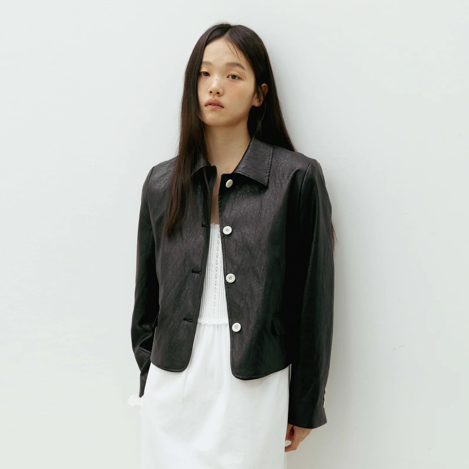 Collar Leather Jacket(Black)