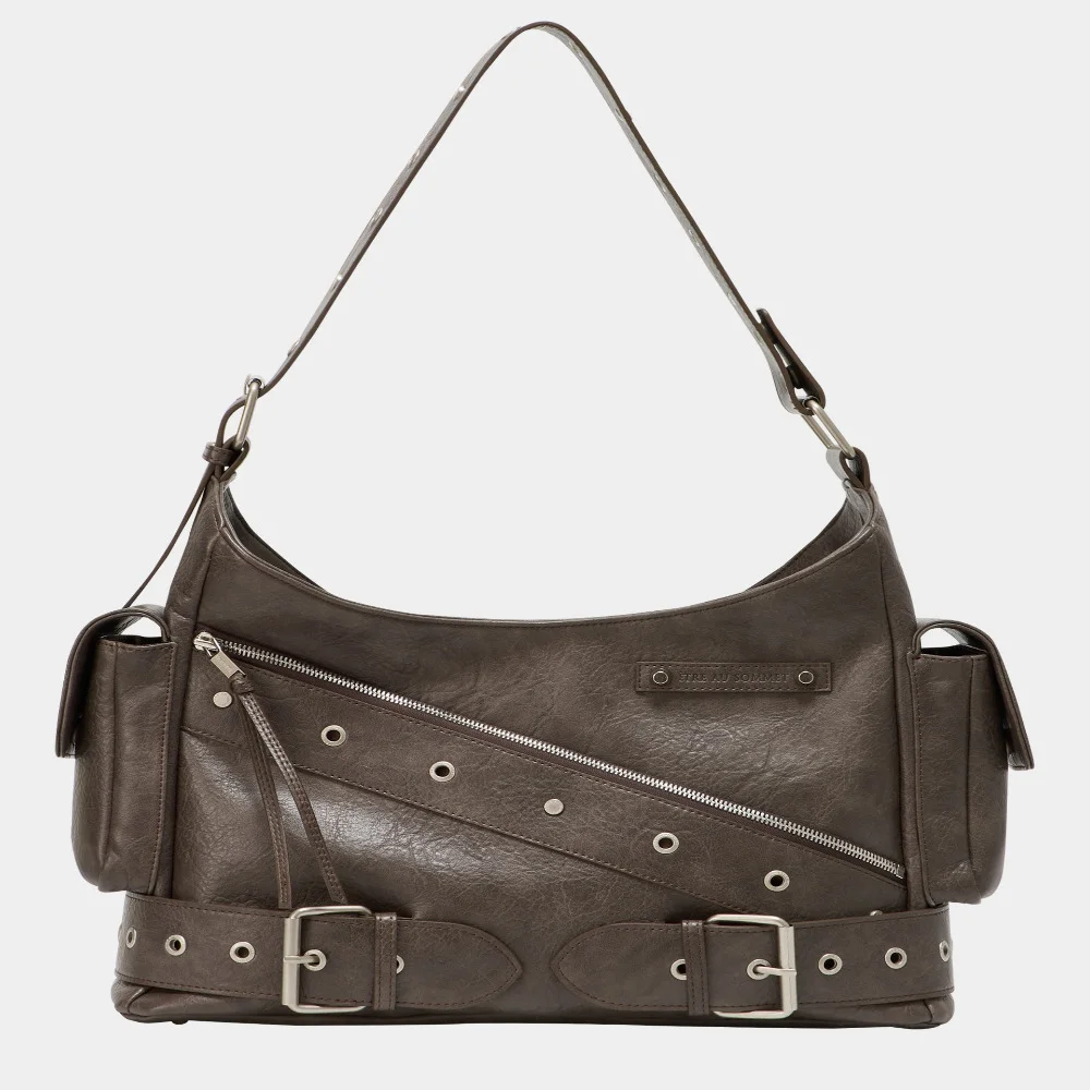Strap Belt Eyelet Cross Big Bag (Brown)