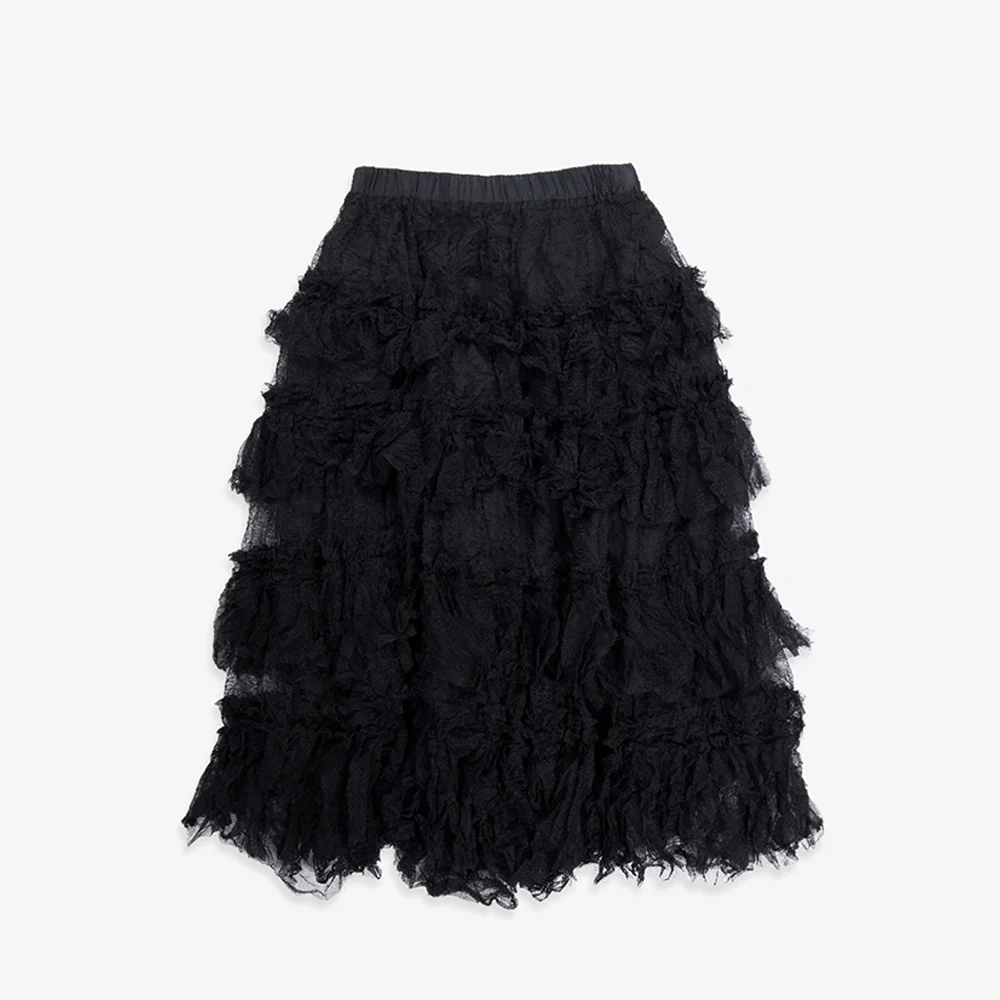 CRINKLE TULLE TIERED LONG SKIRT - BLACK