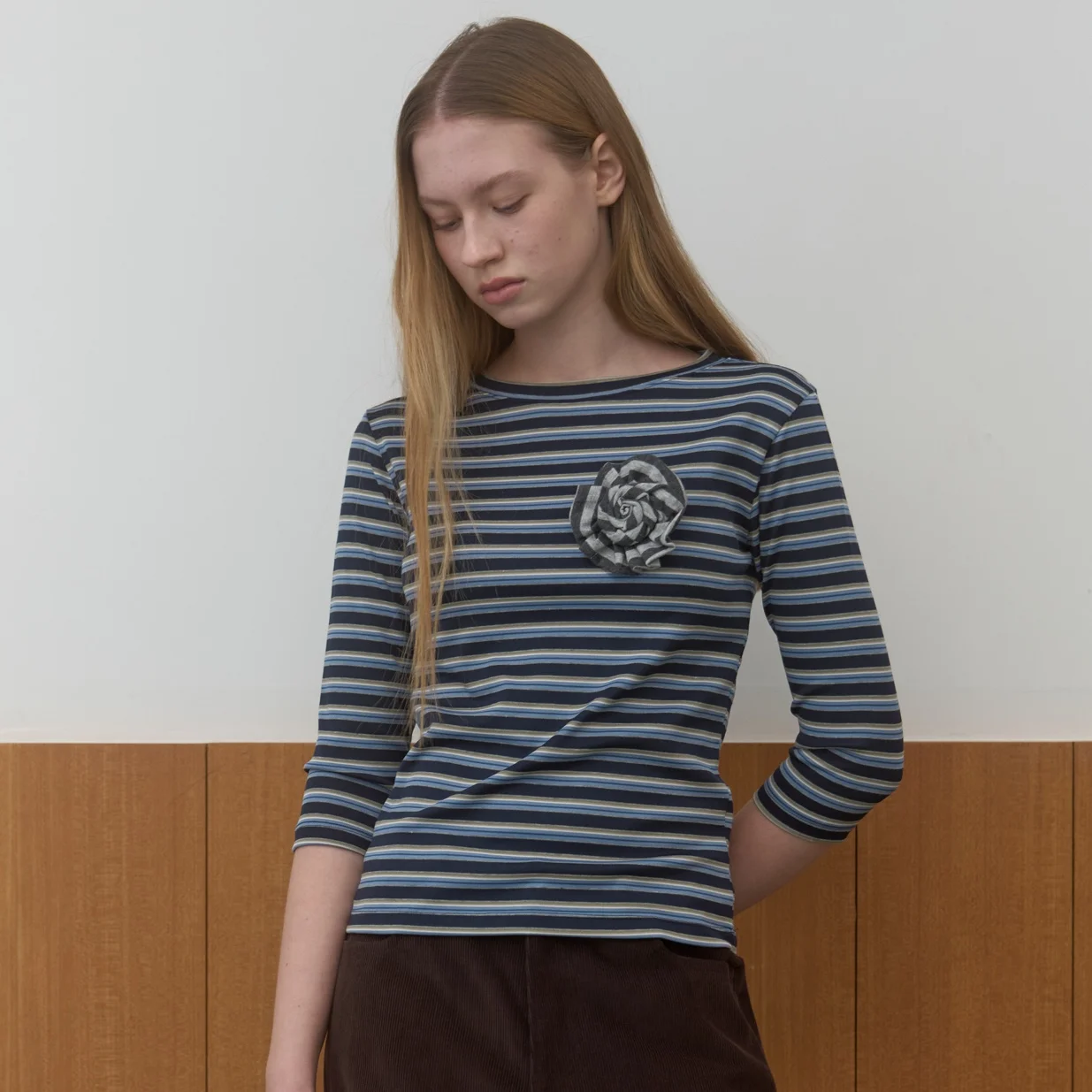 STRIPE 3/4 SLEEVE T-SHIRT_NAVY/BLUE
