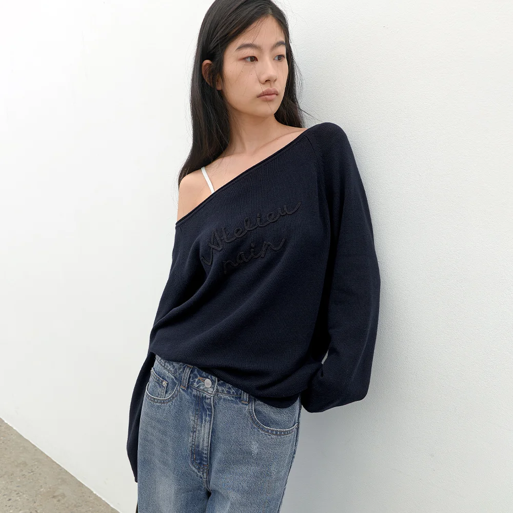(T-7291)ONE OFF SHOULDER LETTERING KNIT