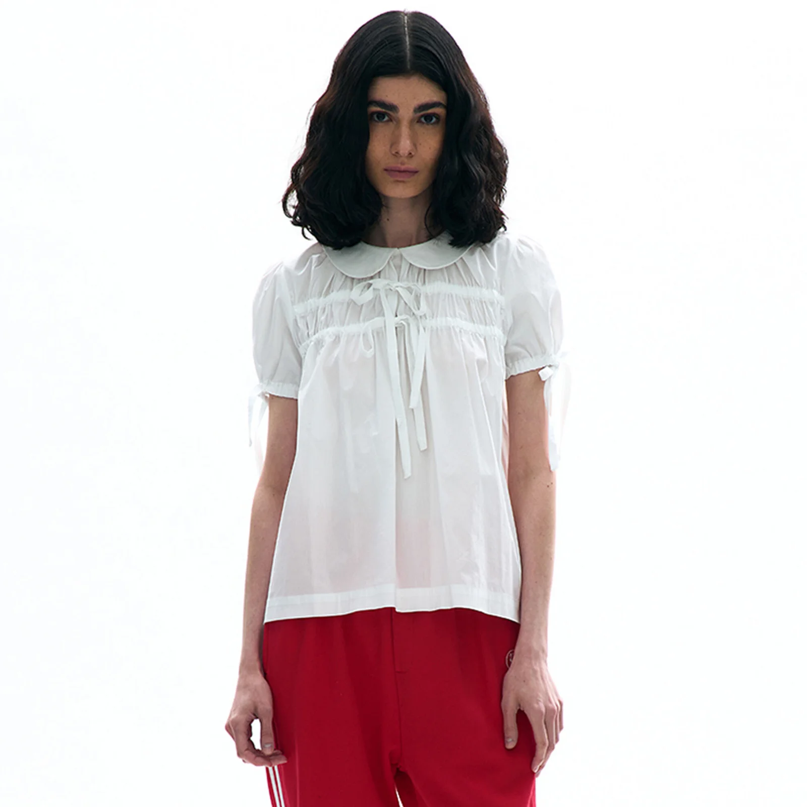 OPEN BACK RIBBON PUFF BLOUSE_WHITE