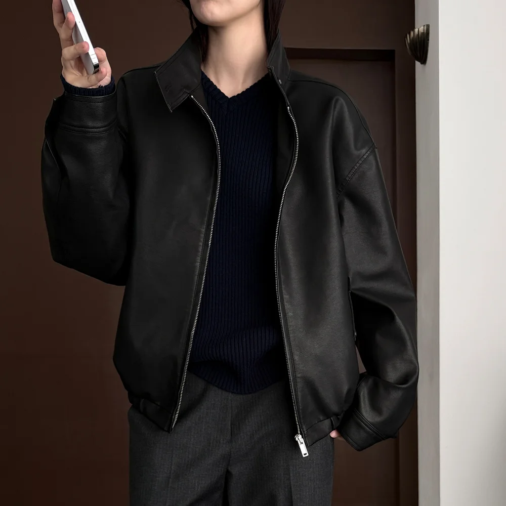 Half neck leather jumper (black)