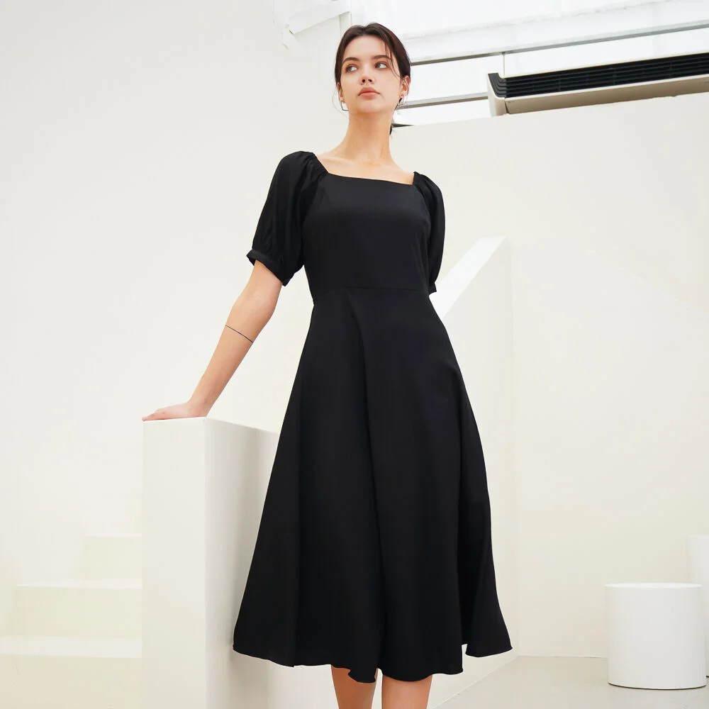 Square Neck Balloon Dress_Black