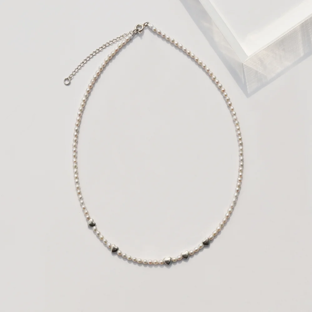Bebe silver heart water pearl Necklace Bongbo 銀色 迷你愛心 Damsu珍珠 頸鏈 銀 項鏈 3mm