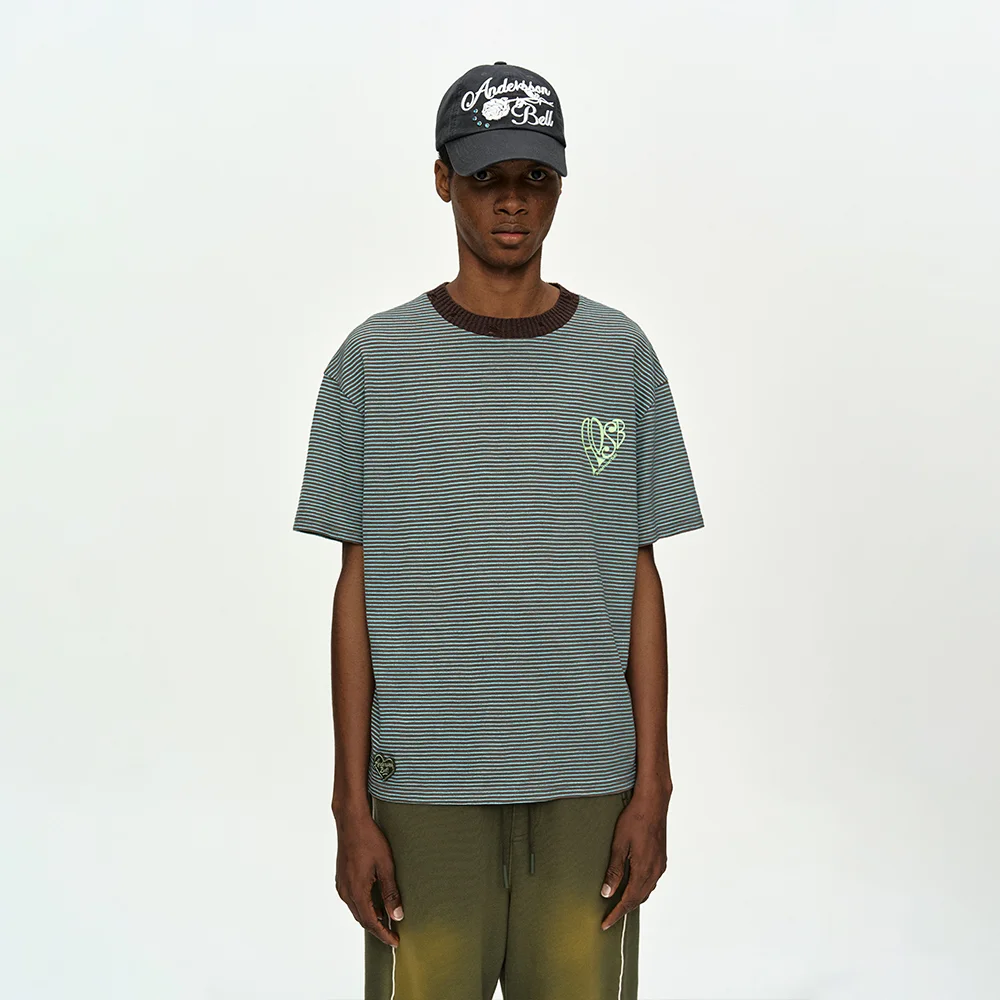 (ESSENTIAL) HEART LOGO STRIPE T-SHIRT atb1458m(CHOCO/MINT)